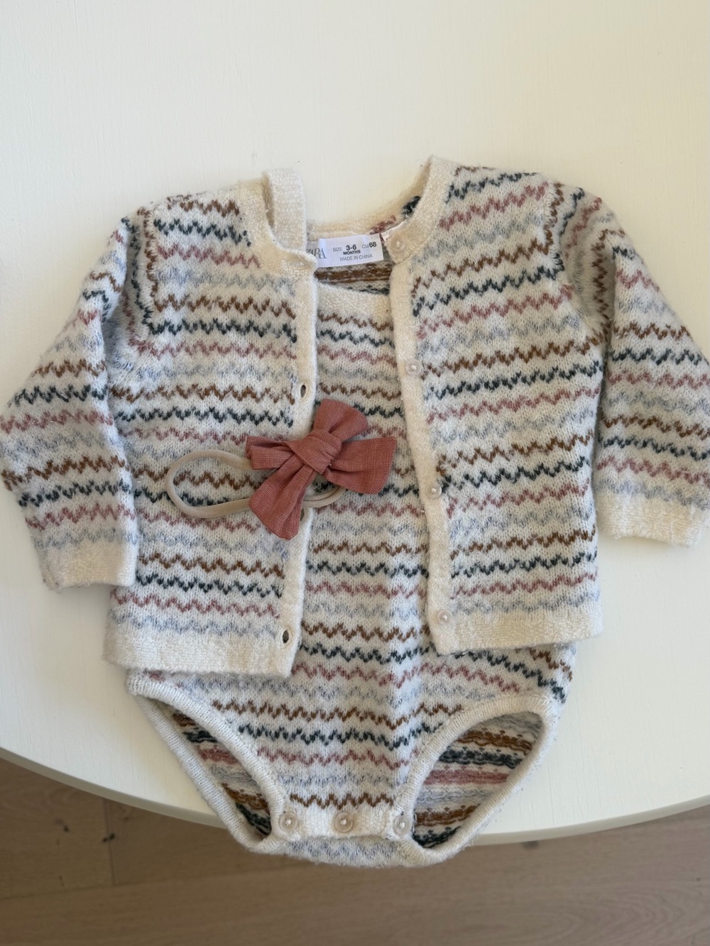 Zara Cream Knit One-Piece & Cardigan Set with Rose and Brown Zigzag